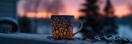 A cozy cup adorned with floral designs sits on a snowy surface as the sky transitions to evening hues, with trees standing against the vibrant backdrop.の素材