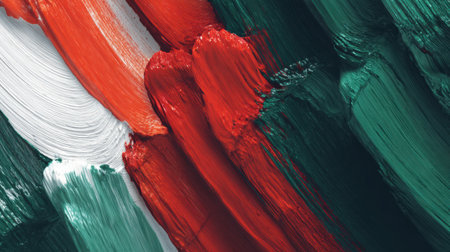 Colorful brush strokes blend together, creating a dynamic abstract work that highlights the interplay of red, green, and white hues and texturesの素材