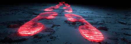Bright red footprints illuminate the dark ground, indicating a journey taken through an unknown landscape, creating an eerie and captivating scene.の素材