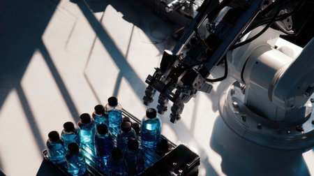 Mechanical arm skillfully arranges blue bottles in a factory environment while sunlight creates striking shadows on the floor during daytime operations.の素材