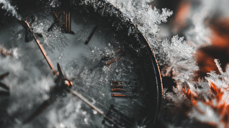 A close-up view of a clock enveloped in frost, highlighting the beauty of ice crystals and the passage of time in a tranquil winter environment.の素材