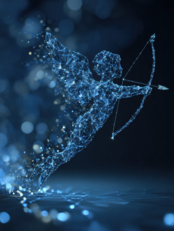 An ethereal figure of an angel archer is depicted in a digital format, soaring through a shimmering blue space filled with soft lights and sparkles.の素材
