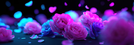 Roses in various shades of pink and blue lie scattered on the ground while delicate petals float gracefully in the air, creating a dreamy scene.の素材