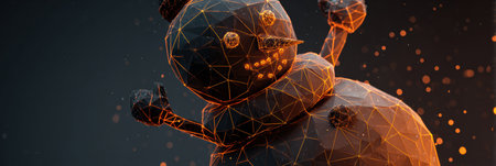 This scene features a whimsical snowman with a polygonal structure, glowing lines, and an engaging pose, creating a captivating visual effect.の素材