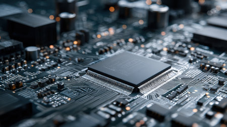Close-up of a circuit board highlights the intricate design and precision of modern tech in a dimly lit setting.の素材