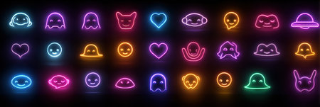 Neon outlines of whimsical characters on a dark background create a bright, fun atmosphere with playful expressions.の素材