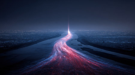 A stunning view of a river at night, illuminated by bright light that creates a cosmic effect in the sky, showcasing vibrant colors and a serene atmosphere.の素材