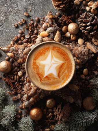 Warm coffee sits in a round cup, featuring intricate latte art, surrounded by a variety of nuts, coffee beans, and pine decorations on a rustic surface.の素材