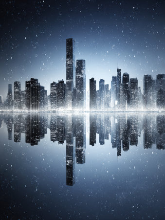 A serene winter night scene displays a city skyline blanketed in snow, with towers reflecting in still water while gentle snowflakes fall.の素材