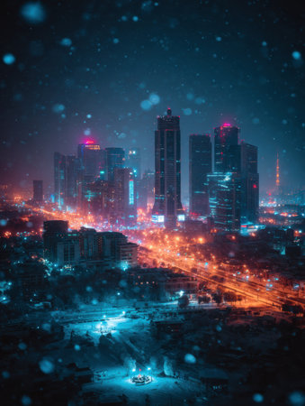 Snowflakes fall gently over a vibrant city skyline at night, highlighting tall buildings and bright city lights in a winter scene.の素材