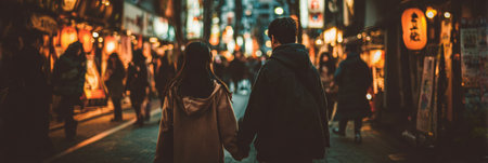 A couple strolls together, holding hands, in a vibrant street illuminated by colorful lanterns and filled with the sounds of evening crowds.の素材