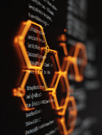 Glowing hexagonal shapes in orange contrast sharply with a black backdrop filled with letters and numbers, illustrating the complexity of technology and coding.の素材