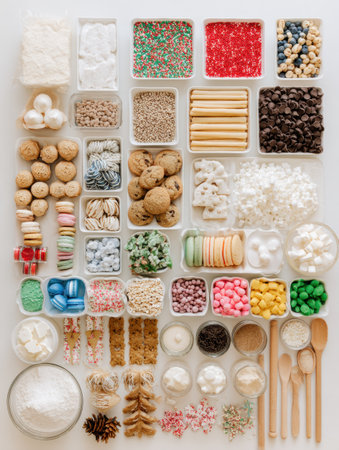 A vibrant display of various baking decorations and supplies sits on a white surface, perfect for creating festive holiday cookies and treats.の素材