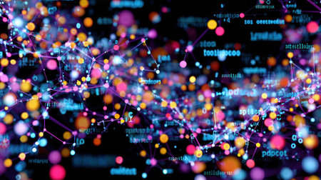 Vibrant nodes and intricate connections visually represent data, showcasing modern tech and digital creativity.の素材