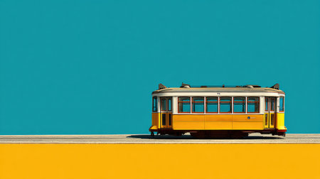 A bright yellow vintage tram stands still on the tracks against a vivid turquoise background. The scene captures a serene moment in daytime.の素材