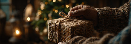 Person holding a rustic gift with twine, surrounded by soft lights and a decorated tree, creating a warm holiday atmosphere during winter.の素材
