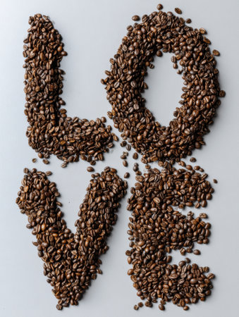 Artful display of coffee beans shaped to form the word love, showcasing a creative approach to coffee culture and expressing affection through food art.の素材