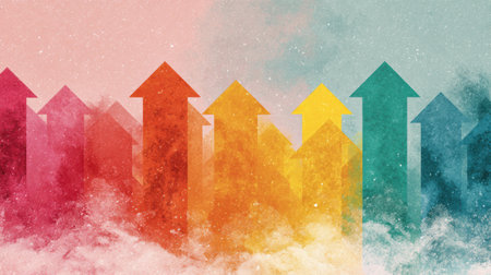 A collection of colorful arrows in various hues directs attention upward, representing themes of growth and positivity in an abstract setting.の素材