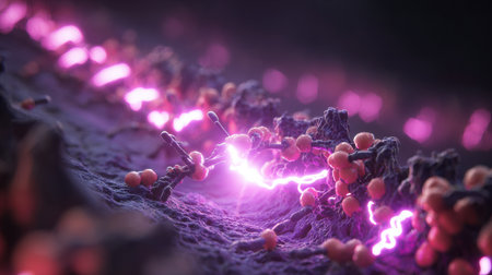 Vivid electric interactions unfold among particles in a microscopic setting, revealing intricate structures and dynamic bursts of energy and lightの素材