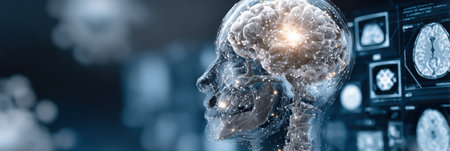 A detailed visualization of a brain with glowing neural connections highlighted.の素材