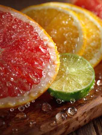 Juicy slices of grapefruit, orange, and lime display their vibrant colors and sheen from water droplets on a rustic wooden board in a kitchen.の素材