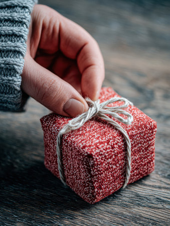A hand is seen tying twine around a small red gift box, showing attention to detail in a cozy setting with a wooden backdrop.の素材