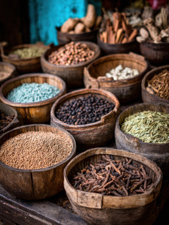 Bright and colorful spices fill wooden bowls in a bustling market, showing a variety of textures and shades from earthy brown to vibrant green.の素材