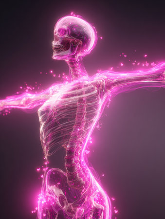 A glowing human skeleton is displayed with pink energy effects, showing a blend of anatomy and artistic expression in a vibrant, dynamic pose.の素材