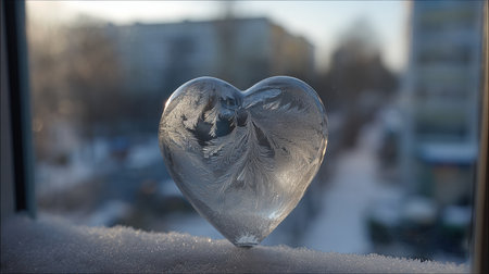 Heart-shaped ice glistens on a snowy windowsill, capturing a moment during winter. A blurred cityscape is visible in the background.の素材
