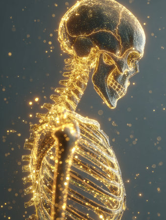 A striking depiction of a skeleton featuring a detailed bone structure illuminated with glowing effects against a dark backdrop.の素材