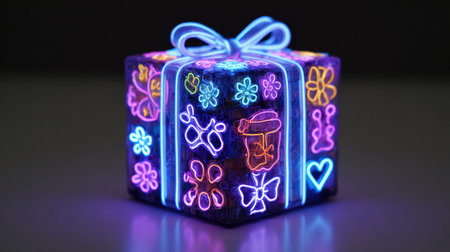 A vibrant gift box features colorful neon floral patterns and a bright ribbon, creating a captivating glow in a dark setting.の素材