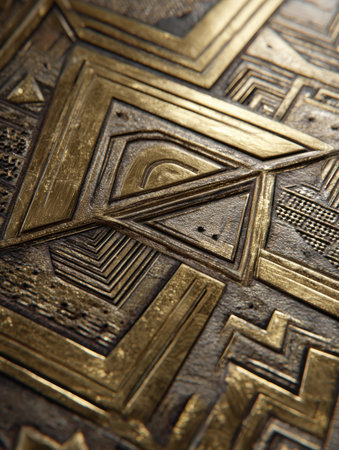 Close-up view of a complex geometric pattern featuring layered textures in bronze and gold. The intricate details showcase craftsmanship and artistic design.の素材