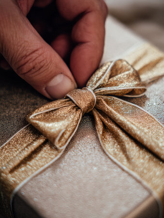 A close-up view of a hand skillfully tying a golden bow on a beautifully wrapped present, capturing the essence of gift giving and celebration.の素材