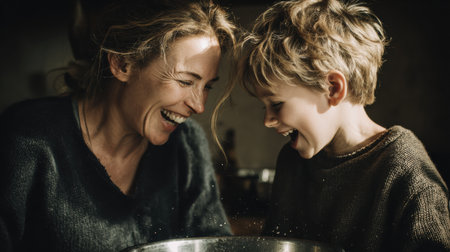 A mother and her young son enjoy a fun cooking session, laughing and bonding over their shared activity in a warmly lit kitchen.の素材