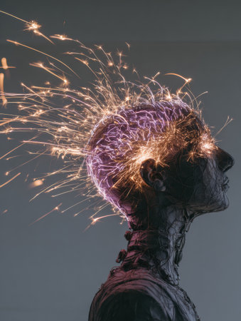 An abstract human figure is shown in profile, with bright sparks emanating from the head, symbolizing creativity and mental energy in a modern setting.の素材
