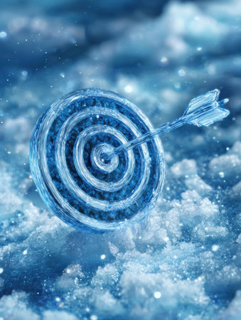 A mesmerizing scene features a crystal-clear ice target and a dart striking its center, surrounded by a winter wonderland of snowflakes and frost.の素材