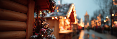 Colorful lights illuminated wooden stalls in a holiday market filled with cheerful decorations, creating a warm atmosphere in a chilly evening setting.の素材