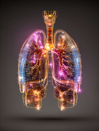 Lungs are depicted with vibrant colors and glowing lights, showing intricate details of the respiratory system in a unique artistic representation.の素材