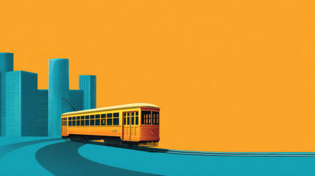 A bright yellow streetcar glides along a curved track, set against a bold orange sky and modern city skyline, showcasing a blend of old and new.の素材