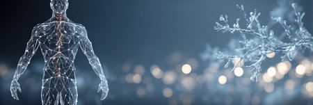 A digital representation of human anatomy stands against an abstract background filled with gentle light. This serene scene conveys a blend of science and art.の素材