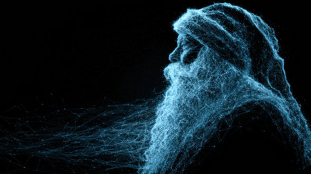 The depiction shows an elderly man with a flowing beard, surrounded by swirling blue particles suggesting thoughtfulness and insight in a dark setting.の素材