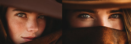 A young woman with blue eyes and freckles gazes directly at the camera while her face is partly concealed by a brown scarf in soft lighting.の素材