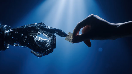 A human hand reaches out to touch a robotic hand, both holding a circuit chip, symbolizing the fusion of technology and humanity in a dramatic atmosphere.の素材