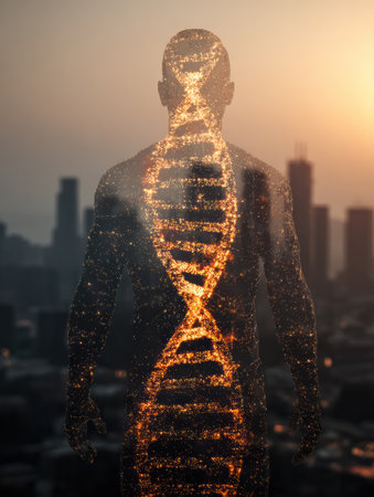 A silhouette of a person stands against a stunning city skyline at sunset, with a shining DNA strand visible within their form, symbolizing life and science.の素材
