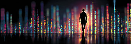 A lone figure walks confidently towards a colorful, glowing city skyline, embodying innovation and exploration.の素材