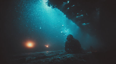 A diver investigates a submerged wreck while surrounded by bubbles and beams of light, creating a magical atmosphere in the underwater world.の素材