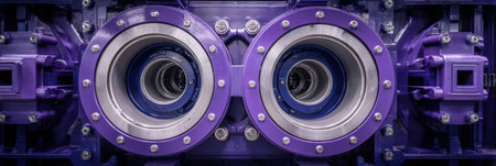 Detailed view of twin gears in purple machinery, highlighting precision engineering and robust construction in an industrial setting.の素材