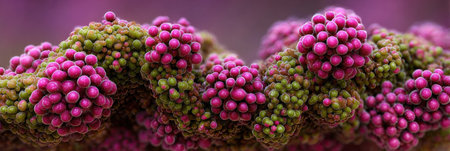 Close-up of a vibrant coral formation featuring pink and green spheres, showing the beauty of marine life in soft light.の素材