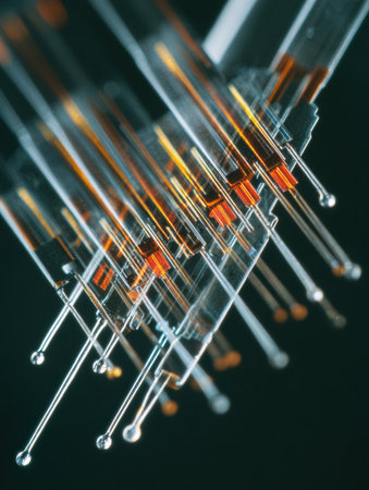 Detailed view of several syringes with bright orange and clear liquid highlighted.の素材