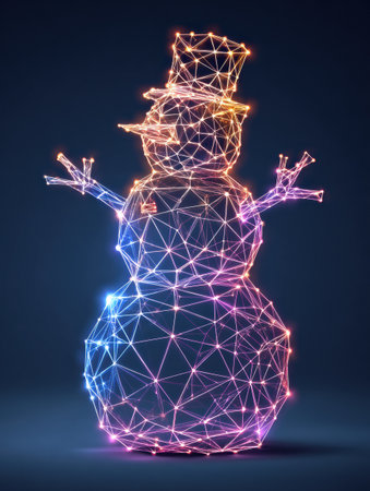 A creative wireframe snowman with colorful glowing lines stands against a dark backdrop, showcasing a blend of art and technology, perfect for winter themes.の素材